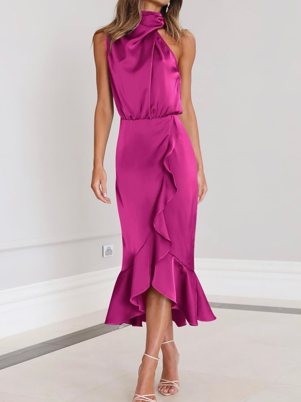 Magenta Satin Halter Ruffle Midi Dress M